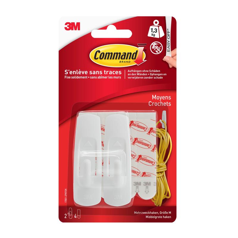 Kirkas läpipainopakkaus 3M Deutschland GmbH Keskikokoiset Command™ monikäyttökoukut M edullispakkauksessa, 17001-2, sisältää kaksi valkoista koukkua, neljä liimatarraa, keltaisen narun ja monikieliset tiedot vahingoittamattomaan kiinnitykseen.