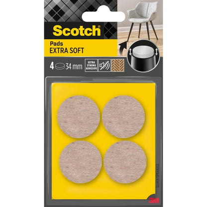 Yksi pakkaus 3M Scotch® Extra pehmeitä huopatyynyjä, itseliimautuvia, beige (4 pyöreää tyynyä, 34 mm), tarjoaa erityisen vahvan liiman lattiasuojaukseen huonekalujen alla.
