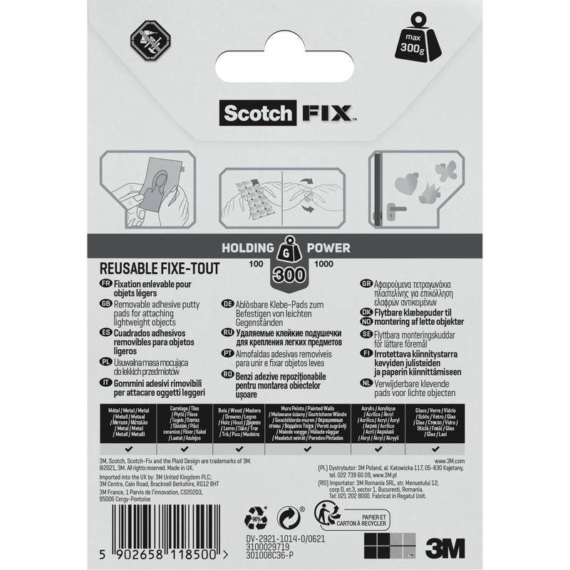 3M Deutschland GmbH:n Scotch-FIX™ irrotettavien kiinnitystyynyjen 301008C36-P (11 mm x 15 mm, 36 kpl) pakkauksen takapuoli, jossa on ohjeet kuvineen, monikieliset tiedot, pidätyskykyarvot ja brändäys mustavalkoharmaassa pakkauksessa.