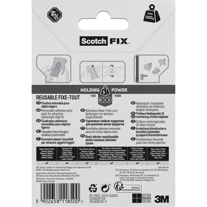 3M Deutschland GmbH:n Scotch-FIX™ irrotettavien kiinnitystyynyjen 301008C36-P (11 mm x 15 mm, 36 kpl) pakkauksen takapuoli, jossa on ohjeet kuvineen, monikieliset tiedot, pidätyskykyarvot ja brändäys mustavalkoharmaassa pakkauksessa.