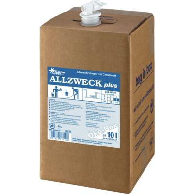 Abena Re-Seller GmbH:n 10 litran GastroPower Allzweck Plus Öko -laatikko ruskeasta pahvista, jossa on annosteluhana ja sinivalkoinen etiketti, tarjoaa tiivistetyn, ympäristöystävällisen monikäyttöisen puhdistusaineen monipuoliseen käyttöön ravintola-alalla.