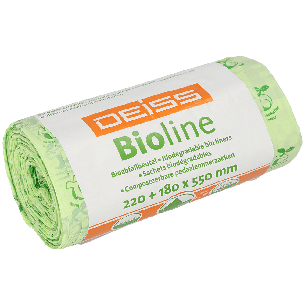 Rulla EMIL DEISS KG (GmbH + Co.) DEISS BIOLINE roskapusseja, biofoliota, 10 L, luonnonväri, 220+180x550x0,018 mm (20 pussia), vihreässä pakkauksessa monikielisellä merkinnällä.