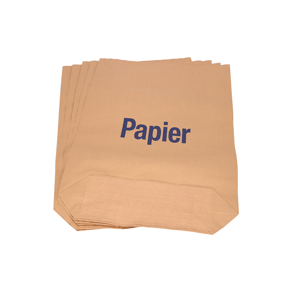 Ein Stapel brauner Papiersäcke der EMIL DEISS KG DEISS 7004 (70x95+20 cm, 70 g/m², 2-fach Bündel, 25 Stück) mit dem blauen Schriftzug "Papier" auf der Vorderseite, ideal für den industriellen Einsatz oder als umweltfreundliche Müllsäcke in Abfallsystemen.