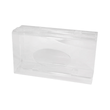 AMPri Handelsgesellschaft mbH:n läpinäkyvä, maitomainen akryylikertakäyttökäsineen annostelija (250 x 135 x 55-90 mm) näytetään suljettuna ja tyhjänä yksinkertaisella valkoisella taustalla, ihanteellinen käsineiden järjestelmälliseen säilytykseen.