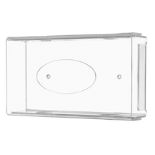 AMPri-kertakäyttökäsineen annostelija on läpinäkyvä, maitomainen akryyliteline (250 x 135 x 55-90 mm), jossa on pyöristetyt reunat, tasainen pohja, keskellä soikea syvennys ja kiinnitysreiät seinäasennusta varten.
