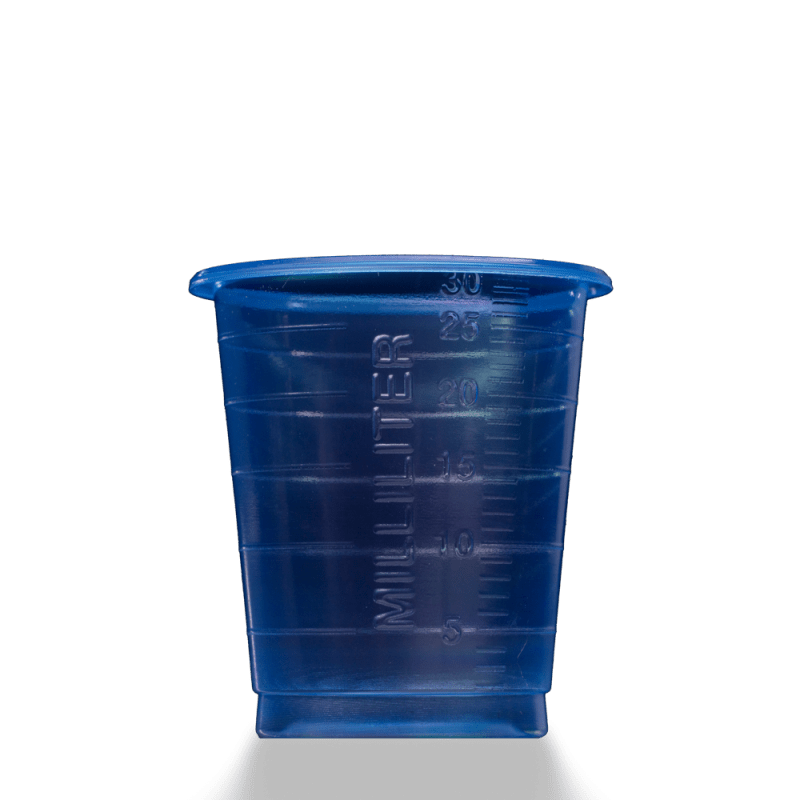 MED COMFORT ECO kertakäyttöinen lääkemuki 30 ml, asteikolla AMPri Handelsgesellschaft mbH, on sininen muovimuki, jossa on selkeä 5-30 ml asteikko, esitetty yksinkertaisella valkoisella taustalla.