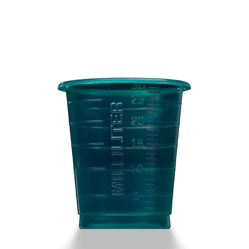 Läpinäkyvä teal-värinen MED COMFORT ECO kertakäyttöinen lääkemuki 30 ml, asteikolla AMPri Handelsgesellschaft mbH, millilitramerkinnällä, kuvattuna yksinkertaisella valkoisella taustalla.