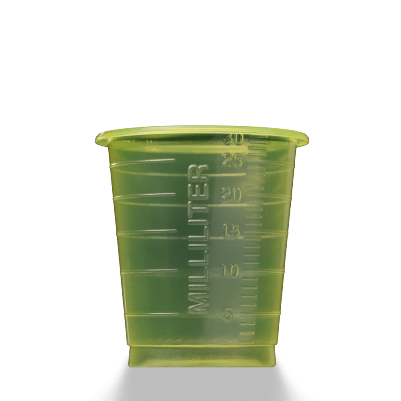 MED COMFORT ECO kertakäyttöinen lääkemuki 30 ml, asteikolla AMPri Handelsgesellschaft mbH, on vihreä, läpikuultava muovimuki mittamerkinnöillä, kuvattuna yksinkertaisella valkoisella taustalla.