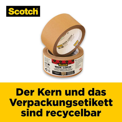 3M Deutschland GmbH:n Scotch® Box Lock™ paperipakkausteipin (48 mm x 22,8 m) rulla on kuvattuna näkyvällä etiketillä. Teksti viittaa kierrätettävään hylsyyn ja pakkausetikettiin. Keltainen tausta, Scotch-logo vasemmassa yläkulmassa.