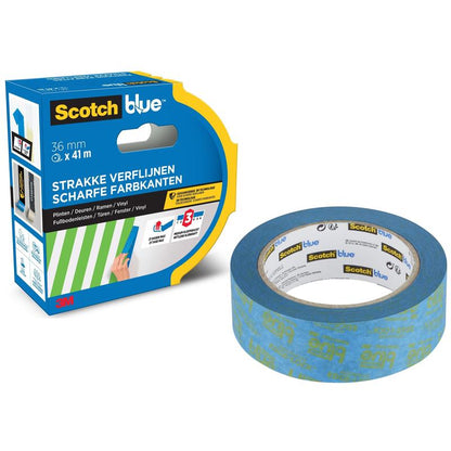 ScotchBlue™ maalarinteippirulla teräville linjoille 3M Deutschland GmbH:ltä on pakkauksen vieressä, merkitty 36 mm x 41 m ja tuotetiedot hollanniksi ja saksaksi sekä vihreä raidallinen teippikuvio.