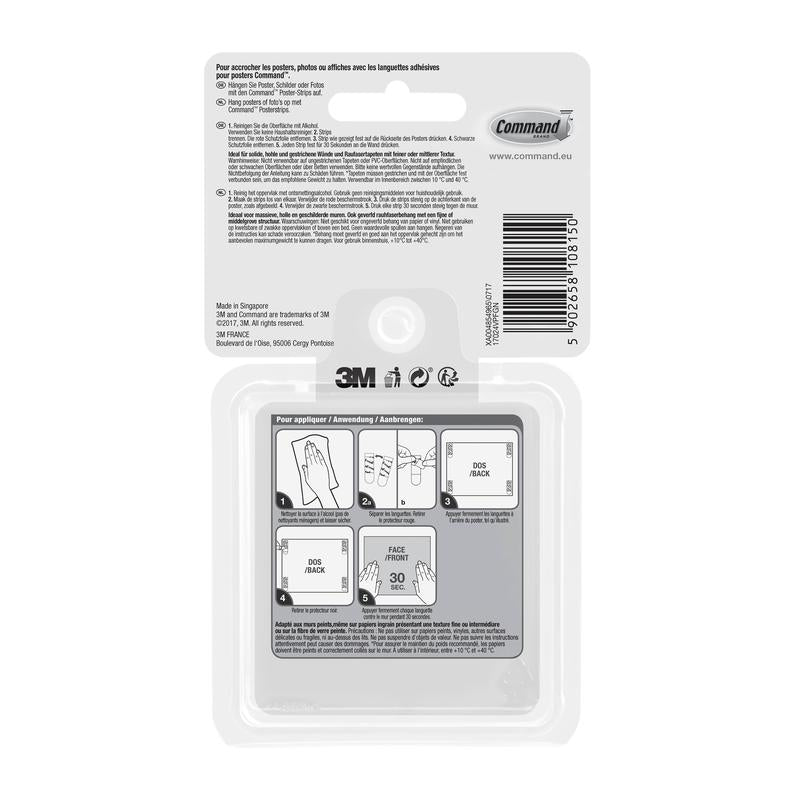 Command™ Poster-Strips -etupakkauksen 17024-VP 3M Deutschland GmbH:n takapuolella on ohjeet ranskaksi, hollanniksi ja saksaksi, viivakoodi, 3M:n ja Commandin logot sekä kuvitellut vaiheet poraamattomaan kiinnitykseen.
