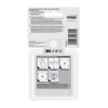 Command™ Poster-Strips -etupakkauksen 17024-VP 3M Deutschland GmbH:n takapuolella on ohjeet ranskaksi, hollanniksi ja saksaksi, viivakoodi, 3M:n ja Commandin logot sekä kuvitellut vaiheet poraamattomaan kiinnitykseen.