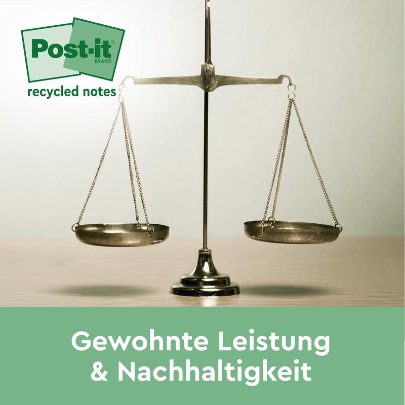 Metallivaaka seisoo puupinnalla. Vasemmassa yläkulmassa näkyy 3M Deutschland GmbH:n Post-it® Recycling Z-Notes (76 mm x 76 mm, 100 arkkia/lohko, 100 % PEFC) -logo. Alhaalla on saksankielinen teksti: "Tuttu suorituskyky & kestävyys."