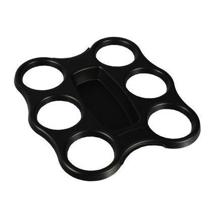 Starpak-kupin tarjotin (musta, PS, 22,4 x 24,4 x 2,4 cm) sisältää 6 kuppia pyöreissä aukkoissa keskitetyn suorakulmaisen osaston ympärillä; pakkaus sisältää 3 kutistekalvoon käärittyä tarjotinta.
