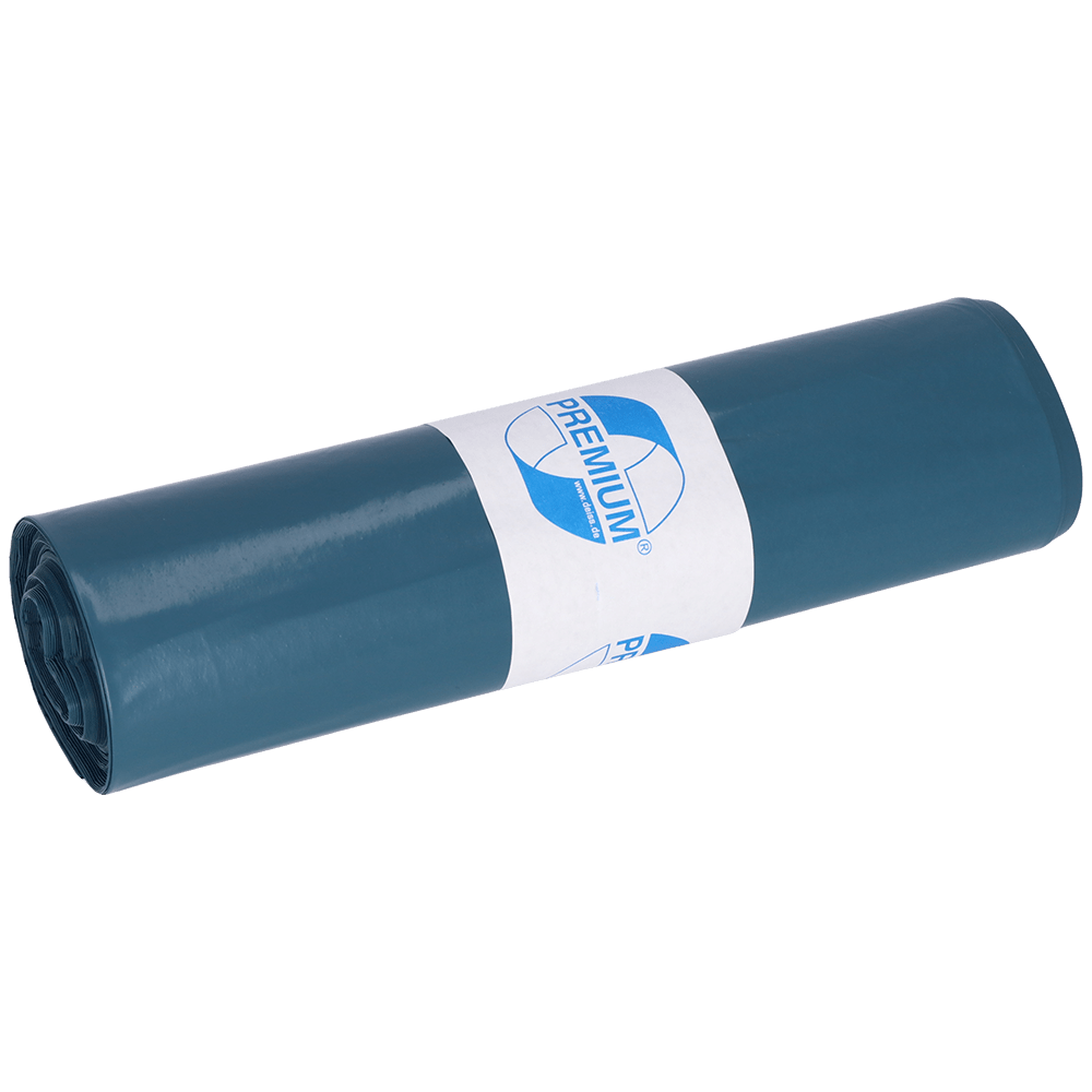 Ylös rullattu EMIL DEISS KG (GmbH + Co.) DEISS 10032 sininen roskapussirulla (25 pussia, 630x800x0,05 mm) "PREMIUM"-etiketillä on kuvattu yksinkertaisella valkoisella taustalla.