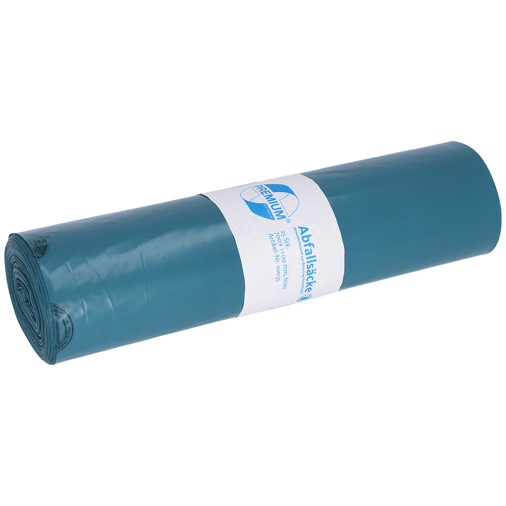 Kuvassa on rulla EMIL DEISS KG (GmbH + Co.) DEISS 10035 roskapusseja, sinisiä, 700x1100x0,06 mm, 25 kappaletta per rulla, valkoisella etiketillä, jossa on teksti ja logo valkoisella taustalla.