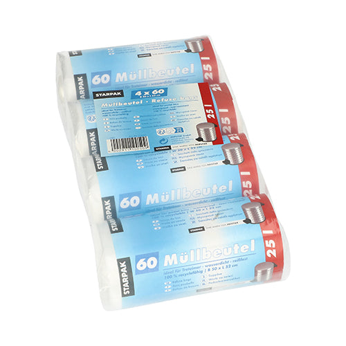 Neljä rullaa Starpak 240 roskapusseja, HDPE 25 l (52 x 50 cm), joissa on 60 läpinäkyvää pussia, toimitetaan läpinäkyvässä muovipakkauksessa, jossa on siniset ja punaiset saksalaiset etiketit - ihanteellinen hygieeniseen jätteiden hävittämiseen.