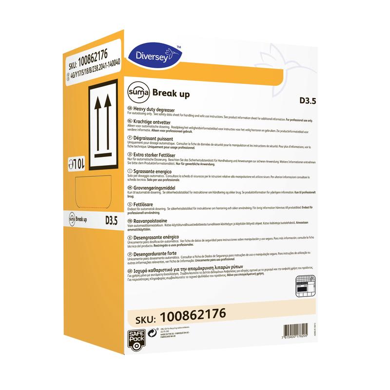 Suorakulmainen kelta-valkoinen 5 litran kanisteri, jossa on Diversey Suma Break up D3.5 rasvanpoistaja (alumiinivarma) Diversey Deutschland GmbH & Co. OHG:lta, käyttöohjeet, SKU 100862176 ja nuolet pystyasentoon etiketissä.