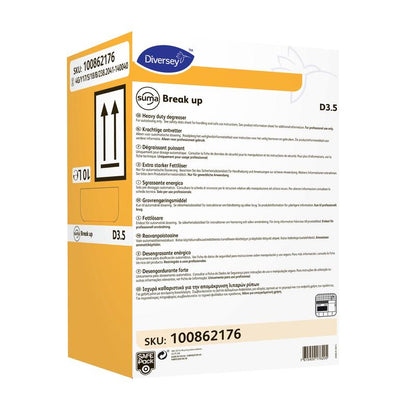 Suorakulmainen kelta-valkoinen 5 litran kanisteri, jossa on Diversey Suma Break up D3.5 rasvanpoistaja (alumiinivarma) Diversey Deutschland GmbH & Co. OHG:lta, käyttöohjeet, SKU 100862176 ja nuolet pystyasentoon etiketissä.