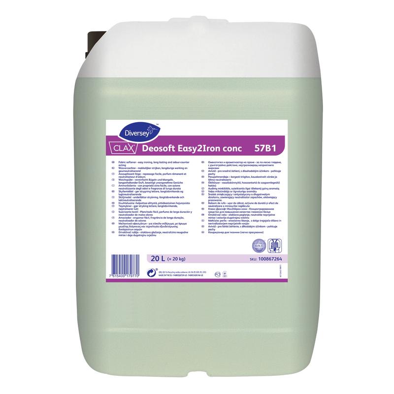 Läpinäkyvä 20 litran säiliö, jossa on Diversey Clax Deosoft Easy2Iron Conc 57B1 huuhteluainetta silitystä helpottavilla ominaisuuksilla, ihanteellinen ammattipesuloille, valkoisella kierrekorkilla ja merkityllä etiketillä.