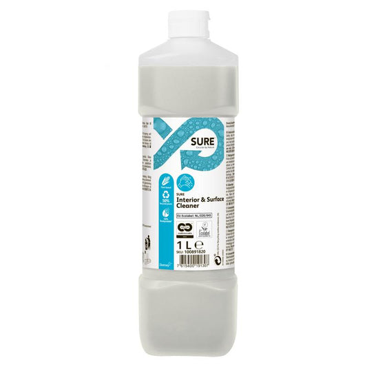 Eine 1-Liter-Flasche SURE Interior & Surface Cleaner, Allzweckreiniger der Diversey Deutschland GmbH & Co. OHG, mit weißem Verschluss und blau-weißem Etikett. Die klare oder leicht trübe Flüssigkeit ist biologisch abbaubar und umweltfreundlich.
