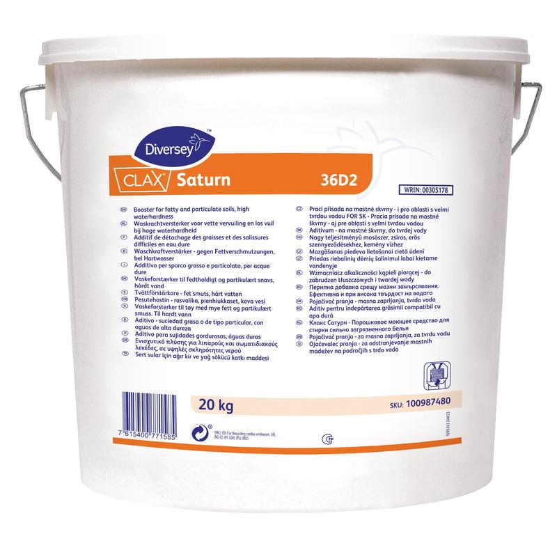 20 kg:n säkki Clax Saturn 12G1 -erikoispesuaine Diversey Deutschland GmbH & Co. OHG:lta voimakkaasti likaantuneille työvaatteille, ihanteellinen teollisiin pesuloihin; sisältää käyttöohjeet useilla kielillä.