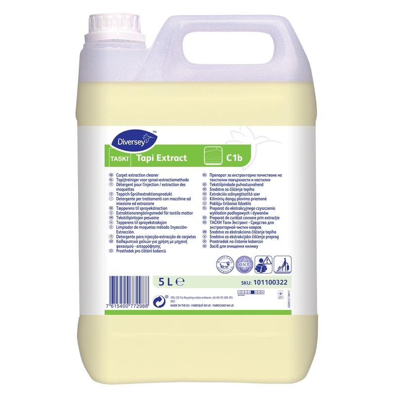5 litran kanisteri Diversey TASKI Tapi Extract -matonpesuainetta O.N.T.-teknologialla, villamerkinnällä varustettu, sisältää kantokahvan ja monikielisen etiketin tuotetiedoilla ja ohjeilla.