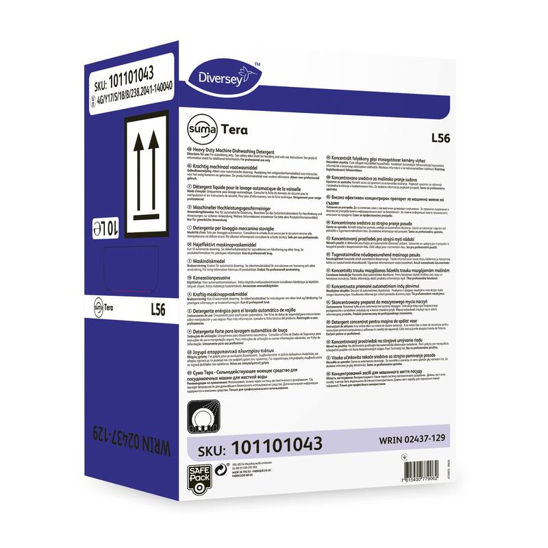 Valko-violetti laatikko, jossa on teksti "Diversey Suma Tera L56, erittäin tiivistetty astianpesuaine kovalle vedelle" Diversey Deutschland GmbH & Co. OHG:lta, jossa on tuotetiedot, turvallisuustiedot, viivakoodit, nuolet, SKU 101101043 ja WRIN 02437-129.