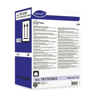 Valko-violetti laatikko, jossa on teksti "Diversey Suma Tera L56, erittäin tiivistetty astianpesuaine kovalle vedelle" Diversey Deutschland GmbH & Co. OHG:lta, jossa on tuotetiedot, turvallisuustiedot, viivakoodit, nuolet, SKU 101101043 ja WRIN 02437-129.