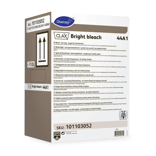 Diversey Deutschland GmbH & Co. OHG:n valmistama suorakulmainen säiliö, jossa on teksti ”Clax Bright Bleach 44A1 värillisten vaatteiden valkaisuaine” sekä monikieliset tuotetiedot, käyttöohjeet ja varoitukset. Tehokas värillisten vaatteiden ja vaikeiden tahrojen poistossa. Tuotenumero: 101103052.