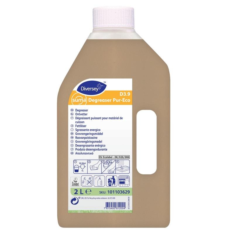 Diversey Deutschland GmbH & Co. OHG:n valmistama 2 litran pullo Suma Degreaser Pur-Eco D3.9 -rasvanpoistoainetta, jossa on beigeä nestettä, ympäristöystävällisiä kuvamerkkejä, tuotetiedot ja käyttöohjeet etiketissä sekä mukana toimitettava suihkutuspää.
