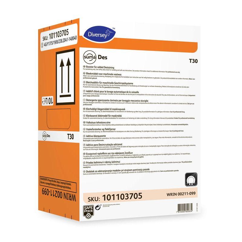 Suorakulmainen laatikko Diversey Suma Des T30, Diversey Deutschland GmbH & Co. OHG:n valkaisukomponentti on pääosin valkoinen, oransseilla ja sinisillä korostuksilla, monikielisillä ohjeilla sekä vaarallisuus- ja lähetyssymboleilla etupuolella.
