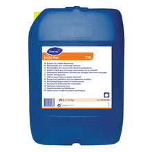 Suuri sininen muovisäiliö, jossa on Diversey Deutschland GmbH & Co. OHG:n merkintä 'Diversey Suma Des T30, valkaisukomponentti', on varustettu valkoisella monikielisellä etiketillä ja sen tilavuus on 20 litraa.