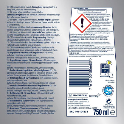 Diversey Deutschland GmbH & Co. OHG:n Professional-hankausmaidon etiketti, jossa on monikieliset ohjeet, ainesosat, viivakoodi, kierrätyssymbolit, logot, aktiivivalkaisukaava ja 750 ml tilavuus valko-sinisellä taustalla.