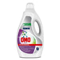 Valkoinen 5 litran pullo Omo Professional Colour nestemäistä kirjopesuainetta Diversey Deutschland GmbH & Co. OHG:lta, jossa on kahva ja etiketit: "Pro Formula", "71 pesukertaa" ja "Pullo kierrätetystä muovista" violettina, vihreänä ja punaisena.