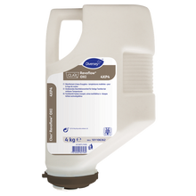 Ein beiger 4 kg Kunststoffbehälter Clax Revoflow OXI 4XP4* Bleich- und Desinfektionsmittel in Pulverform von Diversey Deutschland GmbH & Co. OHG-wirkt schon bei niedrigen Temperaturen, RKI-gelistet bei 60°C, ideal für professionelle Wäschereien.