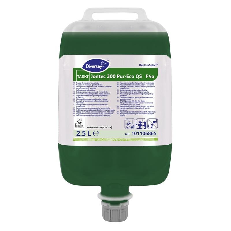 2,5 litran säiliö TASKI Jontec 300 Pur-Eco lattianpuhdistuskonsentraattia Diversey Deutschland GmbH & Co. OHG:lta, jossa on Henkel, kaatonokka ja merkitty tuoteinfo; puhdistusliuos on biologisesti hajoava.