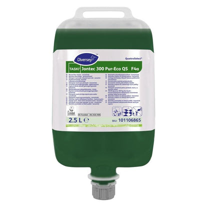 2,5 litran säiliö TASKI Jontec 300 Pur-Eco lattianpuhdistuskonsentraattia Diversey Deutschland GmbH & Co. OHG:lta, jossa on Henkel, kaatonokka ja merkitty tuoteinfo; puhdistusliuos on biologisesti hajoava.