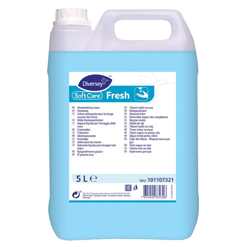 5 litran Diversey Soft Care Fresh Mild Hand Wash Lotion -säiliö Diversey Deutschland GmbH & Co. OHG:lta erottuu valkoisella kannella, sinisellä nesteellä, hellävaraisella puhdistuksella, miellyttävällä tuoksulla ja monikielisillä tuotetiedoilla etiketissä.