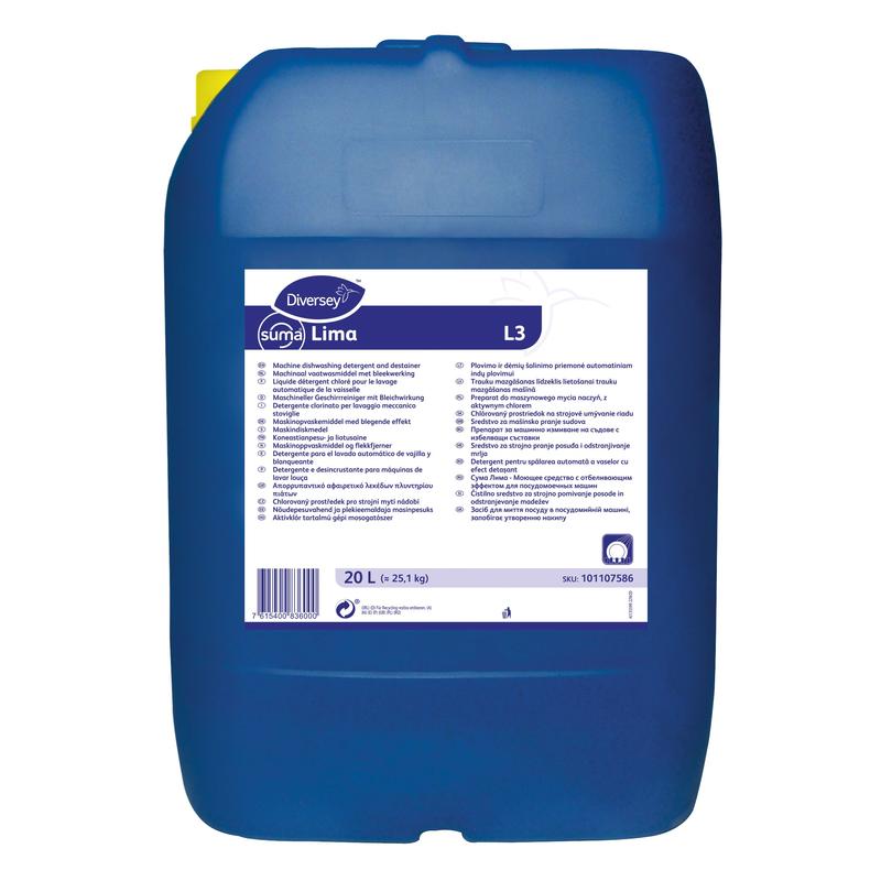 Suuri sininen 20 litran muovisäiliö Diversey Suma Lima L3 astianpesuaine valkaisuaineella (Diversey Deutschland GmbH & Co. OHG) valkoisella monikielisellä etiketillä ja keltaisella kannella, sopii keskikovalle ja kovalle vedelle.