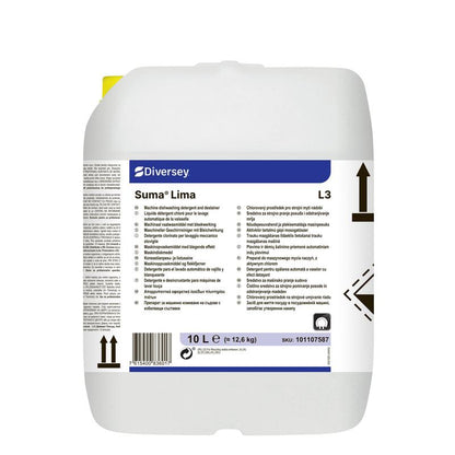 10 litran valkoinen muovinen säiliö, jossa on Diversey Suma Lima L3 astianpesuaine valkaisuaineella Diversey Deutschland GmbH & Co. OHG:lta, kahvalla, täyttömerkinnöillä, sinisellä ja mustalla tekstillä, symboleilla ja monikielisellä etiketillä.