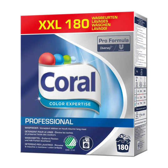 Diversey Deutschland GmbH & Co. OHG:n valmistama Coral Professional Color Expertise -väripesuainepurkki (180 pesukertaa, 8 kg jauhetta), jossa on Pro Formula -brändäys ja sininen ulkoasu, ja joka suojaa värejä ja kuituja säilyttäen värit kirkkaina.