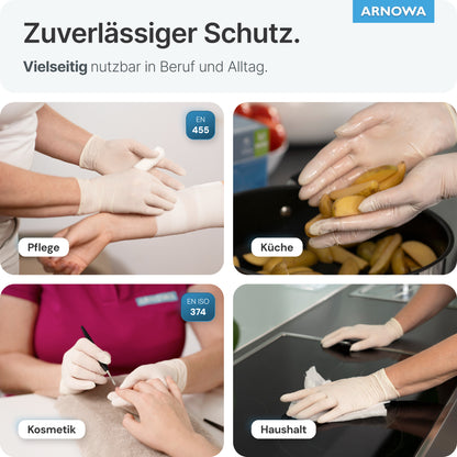 Neljä kuvaa esittää ihmisiä, jotka käyttävät ARNOMED LATEX PF puuterittomia kertakäyttökäsineitä ARNOWA GmbH:lta käsivarren sitomiseen, perunoiden valmistukseen, manikyyriin ja siivoukseen - korostaen niiden monipuolista käyttöä.