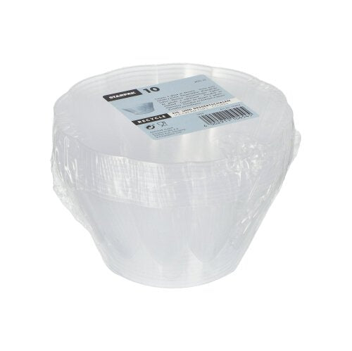 Pino kymmenestä pyöreästä, lasinkirkkaasta Starpak-jäätelö- ja jälkiruokakulhosta (Ø 12 cm · 7 cm), joiden tilavuus on 400 ml, kääritty kutistekalvoon, päällä etiketti, joka sisältää tuotetiedot ja viivakoodin.