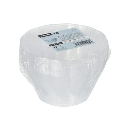 Pino kymmenestä pyöreästä, lasinkirkkaasta Starpak-jäätelö- ja jälkiruokakulhosta (Ø 12 cm · 7 cm), joiden tilavuus on 400 ml, kääritty kutistekalvoon, päällä etiketti, joka sisältää tuotetiedot ja viivakoodin.