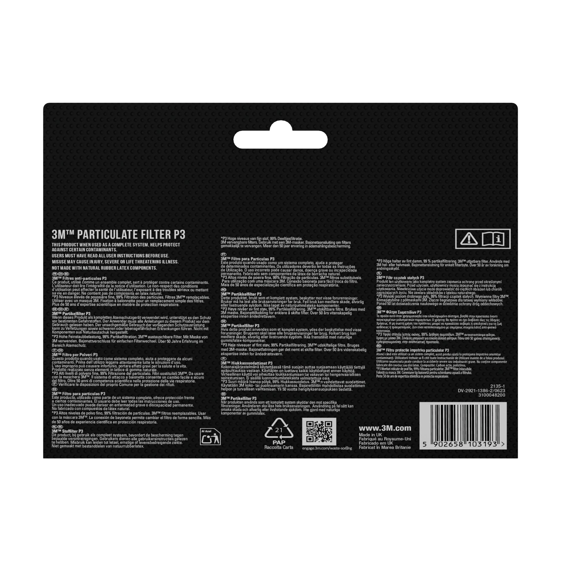 Rückansicht der 3M™ Cool Flow™ Partikelmaske 9928 für Schweißarbeiten, mit Ventil von 3M Deutschland GmbH: Die Verpackung zeigt Produktinformationen, Anweisungen, Warnhinweise und Barcodes in mehreren Sprachen auf schwarzem Hintergrund.