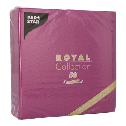 Pakkaus, jossa on 50 PAPSTAR lautasliinaa "ROYAL Collection" 1/4-taitos 40 x 40 cm violetti PAPSTAR GmbH:ltä. Pakkauksessa on kultaiset ja valkoiset kirjaimet ja kolmionmuotoinen musta etiketti ylävasemmassa kulmassa.