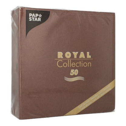 Ruskea PAPSTAR GmbH:n paketti, jossa on 50 lautasliinaa "ROYAL Collection" 1/4-koko 40x40 cm kultaisella ja valkoisella tekstillä ja tyylikkäällä aaltoviivakuviolla.