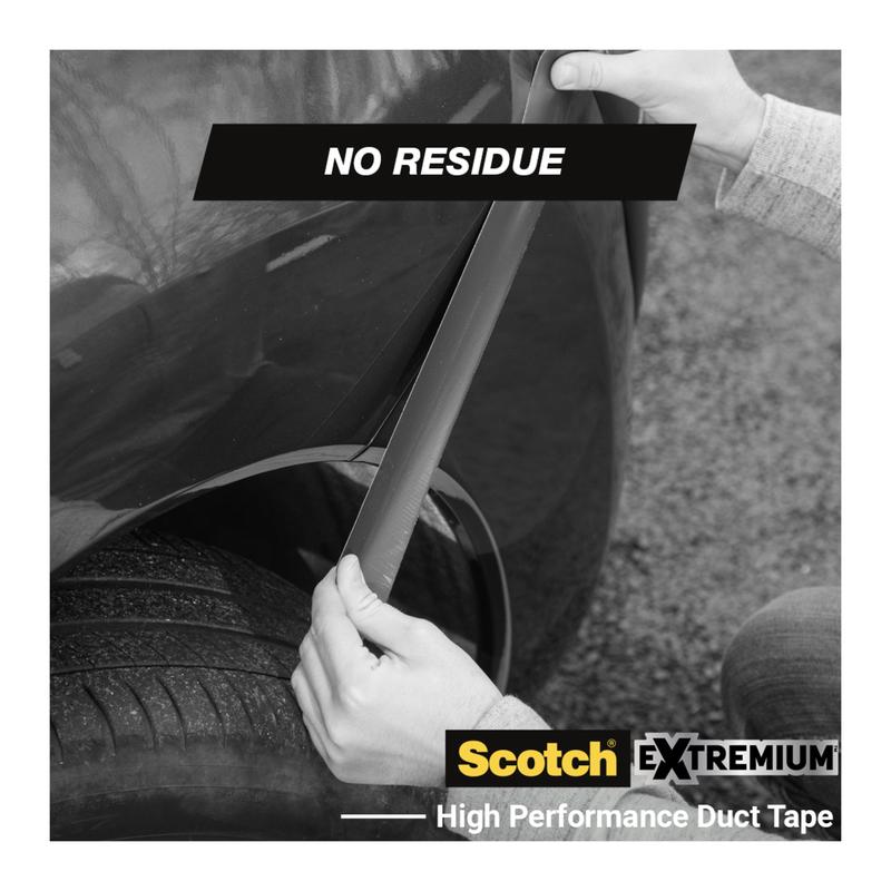 Henkilö irrottaa mustaa teippiä auton pyöräkotelosta. Yläpuolella lukee "NO RESIDUE" ja korostaa 3M Deutschland GmbH:n Scotch® Extremium™ No Residue -teippinauhaa, 18,2 m x 48 mm. Kuvassa on mustavalkoinen lihavoitu esitys.