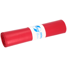 Kuvassa on rulla EMIL DEISS KG (GmbH + Co.) DEISS 11021 - 700x1100 mm Tyyppi 60 punaisia roskapusseja (25 kappaletta) valko-sinisellä etiketillä yksivärisellä valkoisella taustalla.